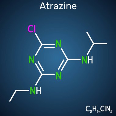 Atrazin molekülü. Ot kontrolü için tarımda kullanılan Triazin herbisit. Yapısal kimyasal formül, koyu mavi arkaplan. Vektör illüstrasyonu