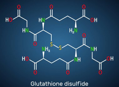 Glutathione disülfit, GSSG molekülü. Oksitlenmiş glutathione antioksidan. İskelet kimyasal formül, koyu mavi arkaplan. Vektör illüstrasyonu