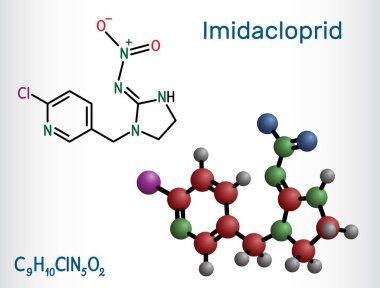 Ben bir molekülün ortasındayım. Tarım ve haşere kontrolünde kullanılan neonicotinoid böcek ilacı. Vektör illüstrasyonu