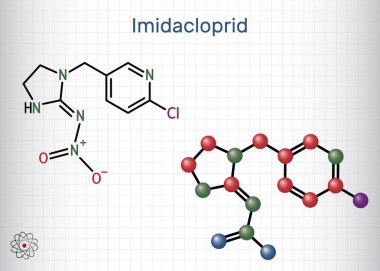 Ben bir molekülün ortasındayım. Tarım ve haşere kontrolünde kullanılan neonicotinoid böcek ilacı. Kafesteki bir kağıt parçası. Vektör illüstrasyonu