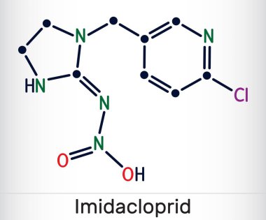 Ben bir molekülün ortasındayım. Tarım ve haşere kontrolünde kullanılan neonicotinoid böcek ilacı. İskelet kimyasal formülü. Vektör illüstrasyonu