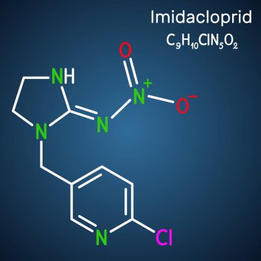 Ben bir molekülün ortasındayım. Tarım ve haşere kontrolünde kullanılan neonicotinoid böcek ilacı. Koyu mavi arka plan. Vektör illüstrasyonu