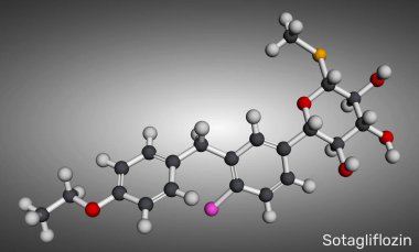 Sotagliflozin molekülü. Çift SGLT1 ve SGLT2 inhibitörü diyabet tedavisinde kullanılır. Moleküler model. 3 boyutlu görüntüleme. Görüntü