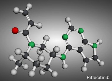 Ritlecitinib molekülü. Alopecia areata tedavisinde kullanılan JAK3 / TEC inhibitörü. Moleküler model. 3 boyutlu görüntüleme. Görüntü