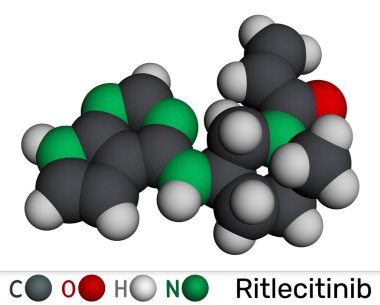 Ritlecitinib molekülü. Alopecia areata tedavisinde kullanılan JAK3 / TEC inhibitörü. Moleküler model. 3 boyutlu görüntüleme. Görüntü
