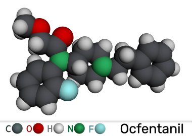 Ocfentanil molekülü. Yapısal olarak fentanil ile ilişkili sentetik opioid analjezik. Moleküler model. 3 boyutlu görüntüleme. Görüntü