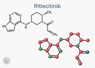 Ritlecitinib molekülü. Alopecia areata tedavisinde kullanılan JAK3 / TEC inhibitörü. Kafesteki bir kağıt parçası. Vektör illüstrasyonu