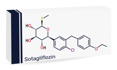 Sotagliflozin molekülü. Çift SGLT1 ve SGLT2 inhibitörü diyabet tedavisinde kullanılır. İskelet kimyasal formülü. Uyuşturucu için kağıt ambalaj. Vektör illüstrasyonu