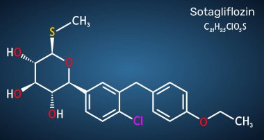 Sotagliflozin molekülü. Çift SGLT1 ve SGLT2 inhibitörü diyabet tedavisinde kullanılır. Koyu mavi arka plan. Vektör illüstrasyonu 