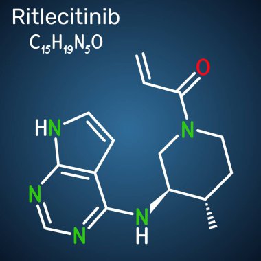 Ritlecitinib molekülü. Alopecia areata tedavisinde kullanılan JAK3 / TEC inhibitörü. Koyu mavi arka plan. Vektör illüstrasyonu