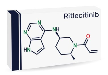 Ritlecitinib molekülü. Alopecia areata tedavisinde kullanılan JAK3 / TEC inhibitörü. İskelet kimyasal formülü. Uyuşturucu için kağıt ambalajlama