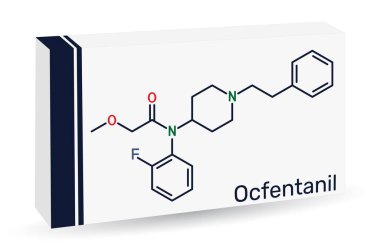 Ocfentanil molekülü. Yapısal olarak fentanil ile ilişkili sentetik opioid analjezik. İskelet kimyasal formülü. Uyuşturucu için kağıt ambalajlama