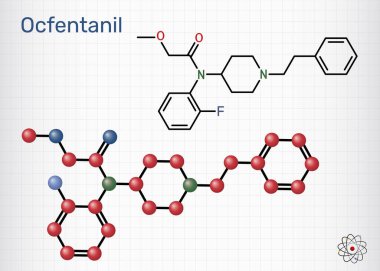 Ocfentanil molekülü. Yapısal olarak fentanil ile ilişkili sentetik opioid analjezik. Kafesteki bir kağıt parçası. Vektör illüstrasyonu