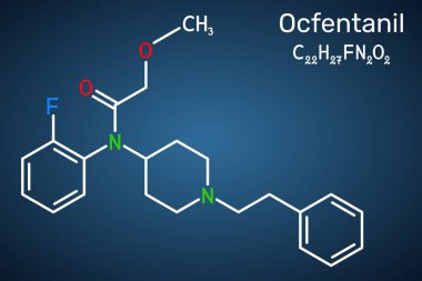 Ocfentanil molekülü. Yapısal olarak fentanil ile ilişkili sentetik opioid analjezik. Koyu mavi arka plan. Vektör illüstrasyonu