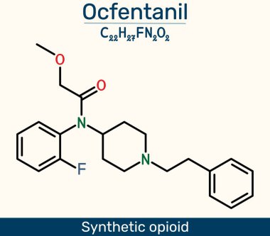 Ocfentanil molekülü. Yapısal olarak fentanil ile ilişkili sentetik opioid analjezik. Vektör illüstrasyonu