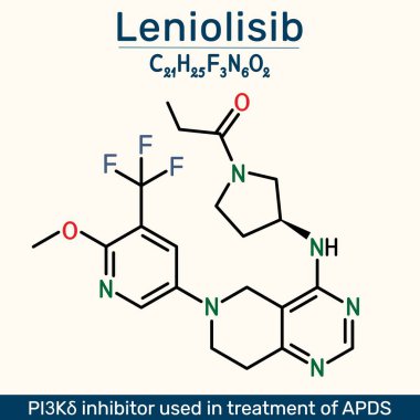 Leniolisib molekülü. APDS immün yetersizliğinin tedavisinde kullanılan PI3K delta inhibitörü. Vektör illüstrasyonu