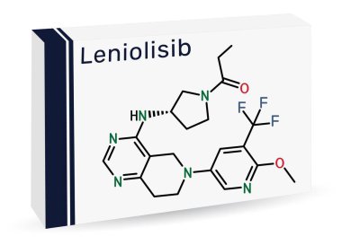 Leniolisib molekülü. APDS immün yetersizliğinin tedavisinde kullanılan PI3K delta inhibitörü. İskelet kimyasal formülü. Uyuşturucu için kağıt ambalaj. Vektör illüstrasyonu