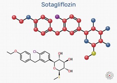 Sotagliflozin molekülü. Çift SGLT1 ve SGLT2 inhibitörü diyabet tedavisinde kullanılır. Kafesteki bir kağıt parçası. Vektör illüstrasyonu 