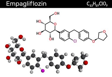 Empagliflozin molekülü. Tip 2 diyabet ve düşük kan şekeri tedavisinde kullanılan SGLT2 inhibitörü. Görüntü