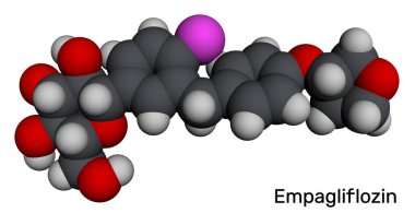 Empagliflozin molekülü. Tip 2 diyabet ve düşük kan şekeri tedavisinde kullanılan SGLT2 inhibitörü. Moleküler model. 3 boyutlu görüntüleme. Görüntü
