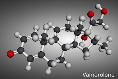 Vamorolone kortikosteroid molekülü. Duchenne kas distrofisinin tedavisinde kullanılan sentetik steroid. Moleküler model. 3B görüntüleme