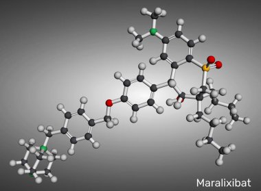 Maralixibat molekülü. Kolestatik pruritus tedavisinde kullanılan IBAT inhibitörü. Moleküler model. 3 boyutlu görüntüleme. Görüntü
