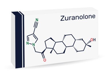 Zuranolone molekülü. Doğum sonrası depresyon tedavisinde kullanılan nöroaktif steroid. İskelet kimyasal formülü. Uyuşturucu için kağıt ambalajlama