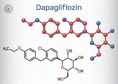 Dapagliflozin molekülü. Tip 2 diyabet tedavisinde kullanılan SGLT2 inhibitörü. Kafesteki bir kağıt parçası. Vektör illüstrasyonu