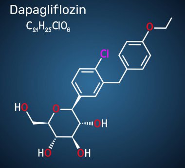 Dapagliflozin molekülü. Tip 2 diyabet tedavisinde kullanılan SGLT2 inhibitörü. Koyu mavi arka plan. Vektör illüstrasyonu
