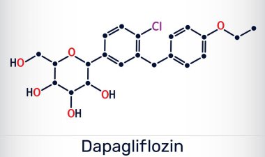 Dapagliflozin molekülü. Tip 2 diyabet tedavisinde kullanılan SGLT2 inhibitörü. Vektör illüstrasyonu