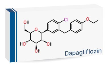 Dapagliflozin molekülü. Tip 2 diyabet tedavisinde kullanılan SGLT2 inhibitörü. İskelet kimyasal formülü. Uyuşturucu için kağıt ambalaj. Vektör illüstrasyonu