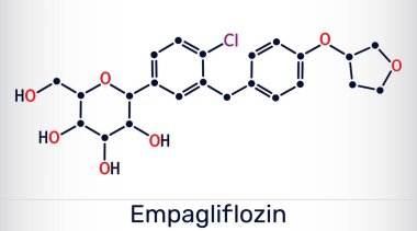 Empagliflozin molekülü. Tip 2 diyabet ve düşük kan şekeri tedavisinde kullanılan SGLT2 inhibitörü. Vektör illüstrasyonu