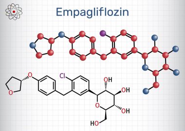 Empagliflozin molekülü. Tip 2 diyabet ve düşük kan şekeri tedavisinde kullanılan SGLT2 inhibitörü. Kafesteki bir kağıt parçası. Vektör illüstrasyonu