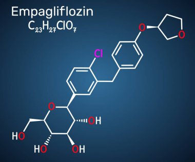 Empagliflozin molekülü. Tip 2 diyabet ve düşük kan şekeri tedavisinde kullanılan SGLT2 inhibitörü. Koyu mavi arka plan. Vektör illüstrasyonu