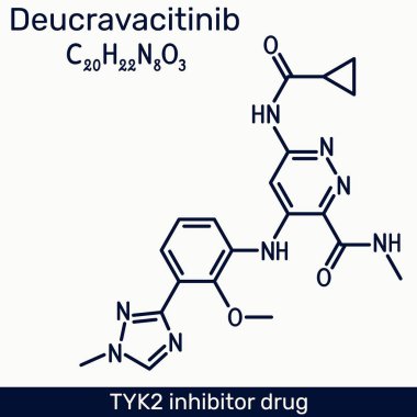 Deucravacitinib molekülü. Sedef hastalığı ve otoimmün hastalıklar için TYK2 inhibitör ilacı. İskelet formülü. Vektör illüstrasyonu