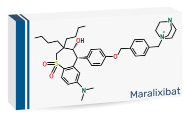 Maralixibat molekülü. Kolestatik pruritus tedavisinde kullanılan IBAT inhibitörü. İskelet kimyasal formülü. Uyuşturucu için kağıt ambalajlama