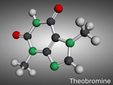 Theobromine molekülü. Çikolatada bulunan kakao alkaloidi. Moleküler model. 3 boyutlu görüntüleme. Görüntü