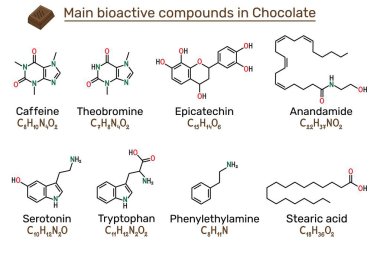 Çikolatada biyoaktif bileşikler. Kafein molekülü, teobromin, triptofan, serotonin, epikatekin, stearik asit, feniletilamin, anandamid.