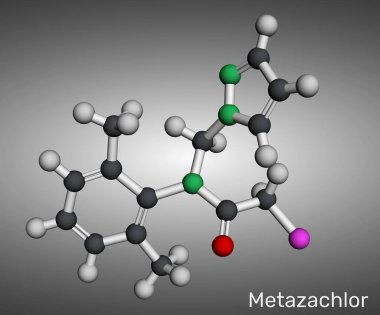 Metazaklor molekülü. Ekinlerde seçici ot kontrolü için kullanılan kloroasetanil bitki öldürücü. Moleküler model. 3 boyutlu görüntüleme. Görüntü