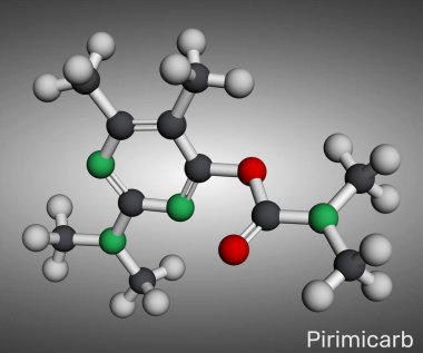 Pirimikarbonat molekülü. Yaprak bitlerini kontrol etmek için tarımda kullanılan karbamat böcek ilacı. Moleküler model. 3 boyutlu görüntüleme. Görüntü