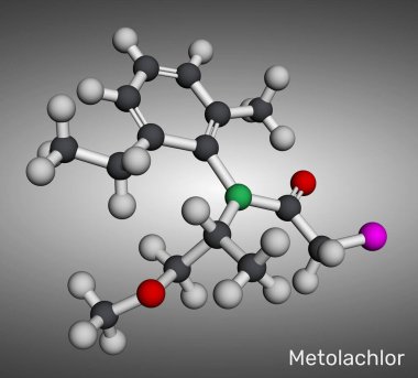 Metolaklor molekülü. Kloroasetanil bitki öldürücü. Tarım alanında ot kontrolü için kullanılıyor. Moleküler model. 3 boyutlu görüntüleme. Görüntü