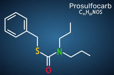 Prosulfocarb molekülü. Yıllık otları kontrol etmek için tarımda kullanılan tiyokarbamat bitki öldürücü. Koyu mavi arka plan. Vektör illüstrasyonu