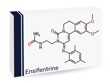 Ensifentrine molecule. Dual PDE3 and PDE4 inhibitor investigated for treatment of COPD and asthma. Skeletal chemical formula. Paper packaging for drugs. Vector illustration
