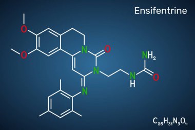 Ensifentrine molecule. Dual PDE3 and PDE4 inhibitor investigated for treatment of COPD and asthma. Dark blue background. Vector illustration