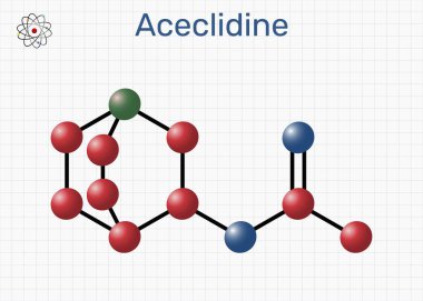 Acelidine molecule. Muscarinic receptor agonist, cholinergic drug used as miotic agent. Molecular model. Sheet of paper in a cage. Vector illustration 
