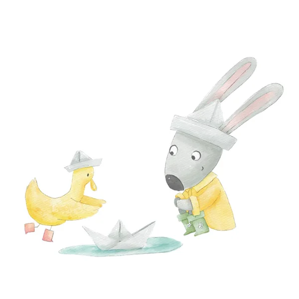 stock image Cute watercolor childrens illustration of bunny and duckling playing in the rain, wearing raincoat, boots and paper hats, sailing paper origami boat in a puddle, isolated on white background.