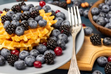 Böğürtlen, waffle ve gri tabakta çatal. Masada böğürtlen var. Gri arka plan. Kapat..