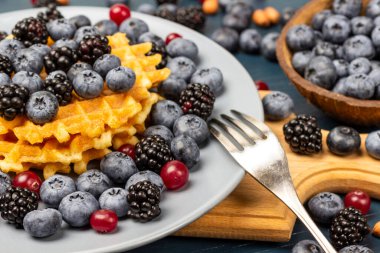 Blackberries, blueberries and waffles in a bowl. Fork on a plate. Berries in a coconut shell. Close up.
