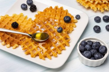 Blueberries in a white bowl. Spoon of honey, waffles and berries on a plate. White background.