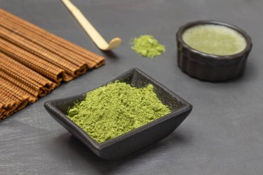 Kasede kibrit yeşil çay tozu. Kaşık ve yeşil çay ölçüyorum. Gri arkaplan.